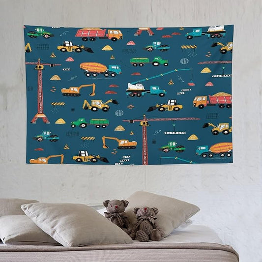 ZhiRain Cartoon Truck Print Tapestry Wall Hanging for Kids Room, Bucket Truck Tapestries Home Decor for Living Room Bedroom Apartment Farmhouse Dorm 40"x60"