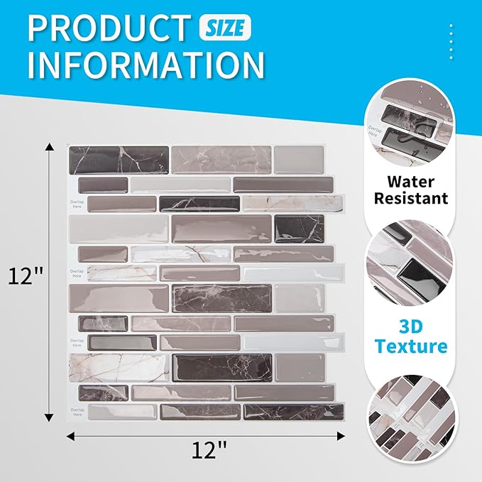 Art3d Peel and Stick Backsplash Tiles for Kitchen, 10-Sheet Self Adhesive Removable Stick On Vinyl Wall Tiles, 12" x 12",Brown Marble