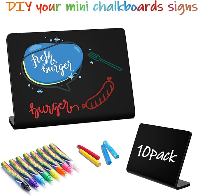 10 Pack Acrylic Mini Chalkboard Signs for Food, AITEE Black Mini Tabletop Chalkboard Signs, Small Buffet Chalkboards Signs for Weddings, Birthday Parties, Message Board Signs, Buffet,Bakery and Retail