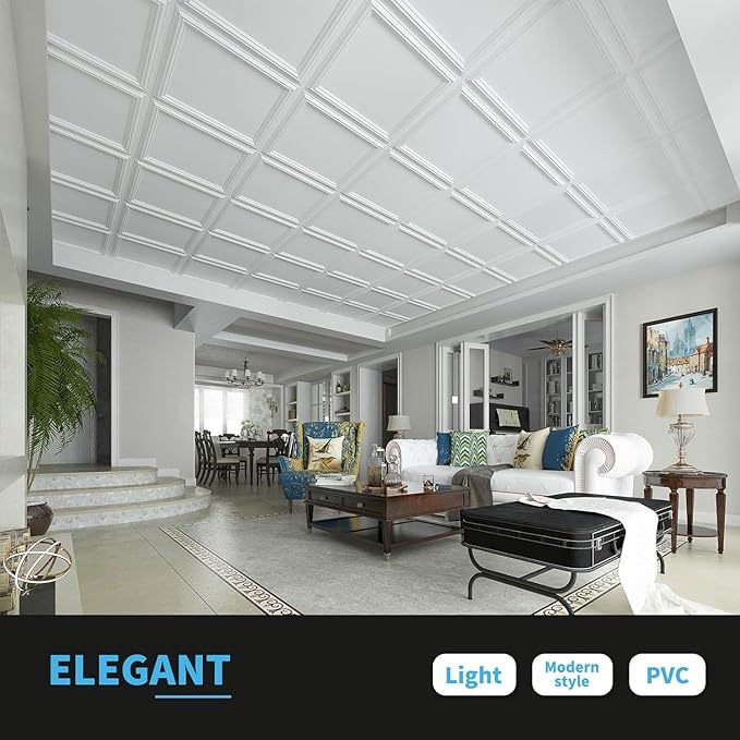 Art3d 12-Pack Drop Relief Ceiling Tiles for Home, Office & Commercial Space, 24 x 24in PVC Waterproof 3D Wall Panels Cover 48 Sq. Ft, White