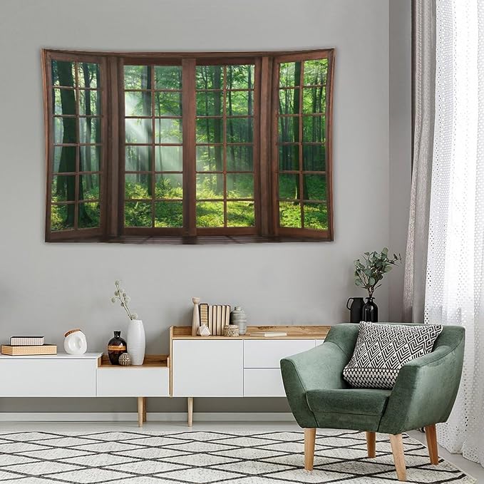 ZhiRain Forest Tapestry Wall Hanging Green Tree Full Scenery Window Jungle Wild Nature Landscape Print Tapestries Home Decor for Living Room Bedroom Apartment Farmhouse Dorm 60"x90"