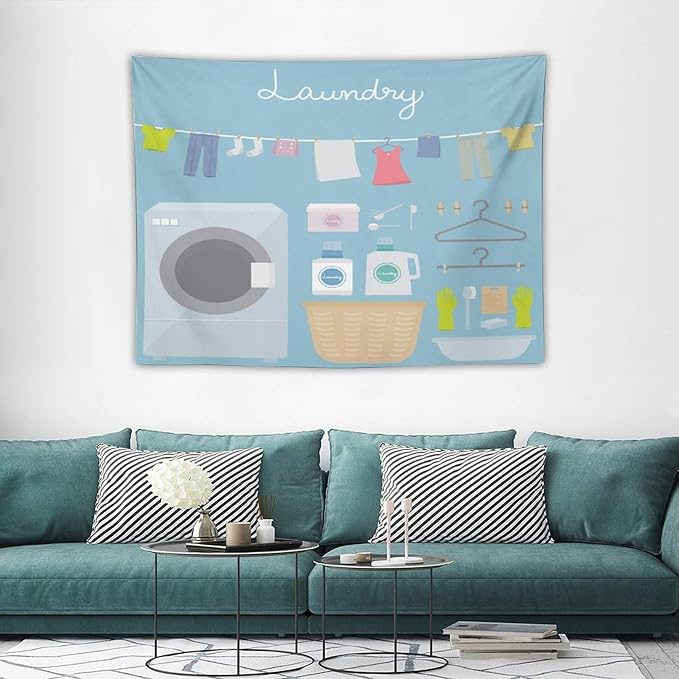 ZhiRain Laundry Room Tapestry Wall Hanging Blue Cartoon Wash Dry Fold Tapestries Home Decor for Living Room Bedroom Farmhouse Apartment Dorm 30"x40"