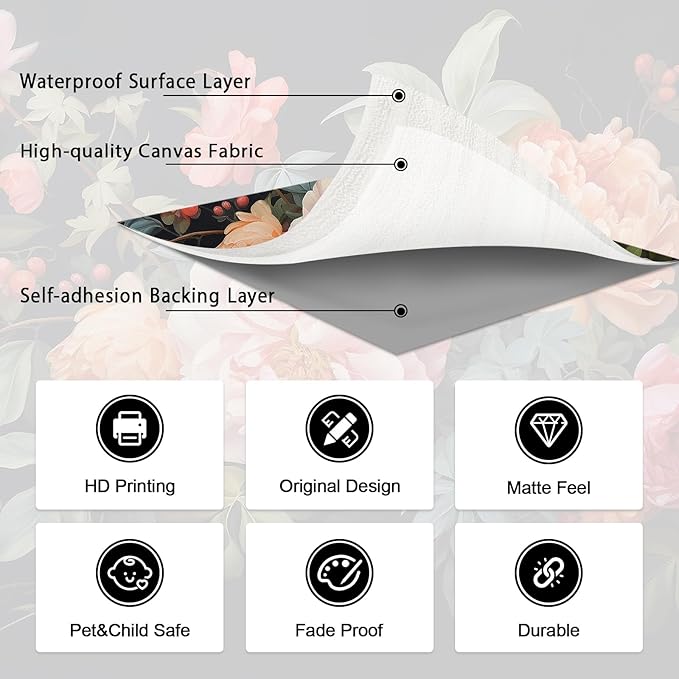 Zeeko Large Floral Peel and Stick Wall Murals 148" W x 98" H Vintage 3D Dark Peony Flowers Wallpaper Self Adhesive Nature Botanical Leaf Wall Stickers for Bedroom TV Background Living Room Decor