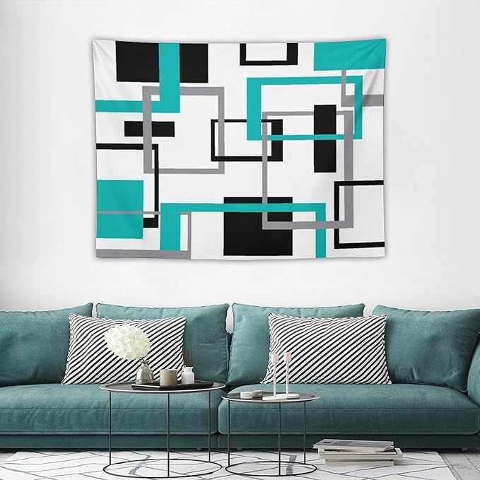 ZhiRain Teal Tapestry Wall Hanging Mid Century Modern Turquoise Abstract Aqua Black Grey Geometric White Backdrop Tapestries Home Decor for Living Room Bedroom Apartment Farmhouse 30"x40"