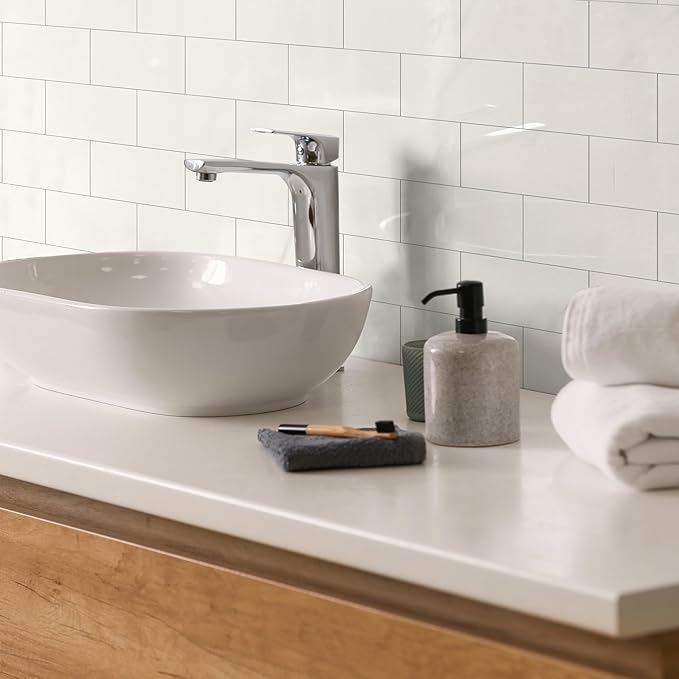 10-Pack Peel and Stick Tile Backsplash 12"X12" PVC Wall Tiles, Stick on Backsplash for Kitchen, Bathroom Tile, Fireplace Décor, Laundry Table, Stair Decals in Polished Cream White