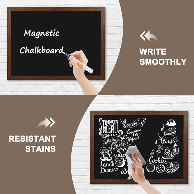4 THOUGHT Chalk Board 18" x 24", Magnetic Chalkboard for Wall Rustic Blackboard Hanging Chalkboards Sign Board Menu Board for School Kitchen Decor Office Home 4 Markers 8 Magnets, Brown