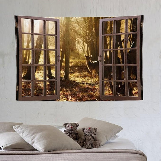 ZhiRain Forest Tapestry Wall Hanging Natural Forest And Deer at Sunset Pattern Tapestries Home Decor for Living Room Bedroom Apartment Farmhouse Dorm 40"x60"