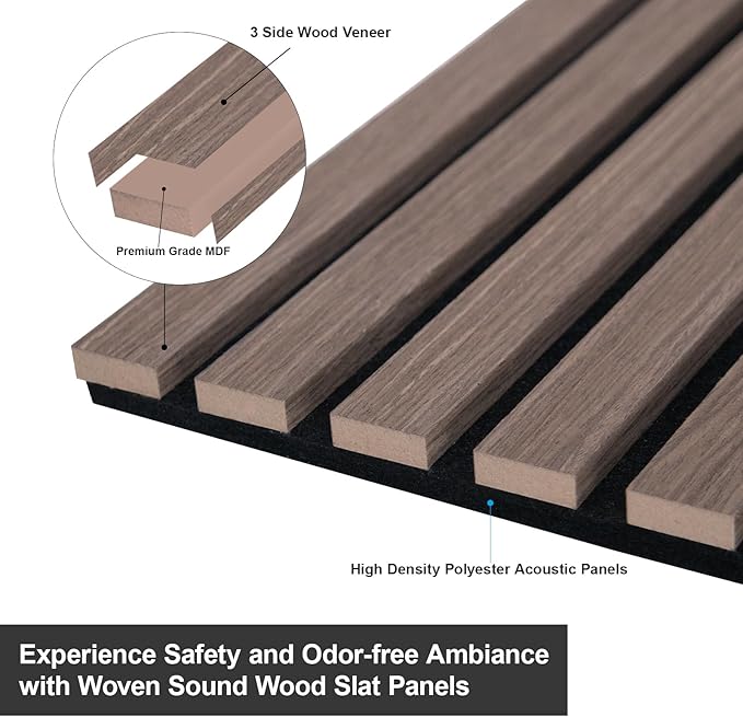 Yuzzy Acoustic Wood Slat Wall Panels - 48" x 22" Dark Walnut Fluted Sound Absorbing Panel for Wall and Ceiling - 4 Pcs Wall Panels for Interior Wall Decor for Homes, Offices, Studios