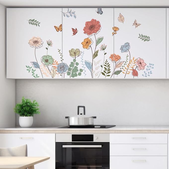 Zonon 6 Pcs Flowers Wall Decals Stickers Vinyl Removable Peel and Stick Colorful Dragonflies Floral Wall Murals Decor for Bedroom Living Room Nursery(Bohemian)