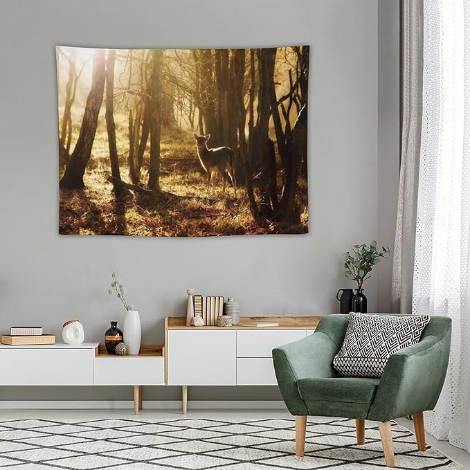 ZhiRain Forest Tapestry Wall Hanging Natural Forest And Deer at Sunset Pattern Tapestries Home Decor for Living Room Bedroom Apartment Farmhouse Dorm 30"x40"