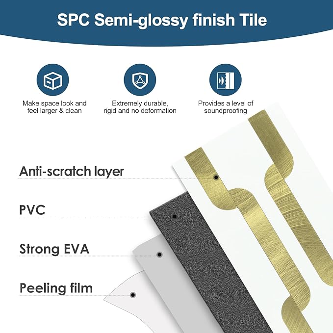 Yipscazo Peel and Stick backsplash 3 x 6 Inches 3D PVC Composite Wall Tile Stick on Backsplash Tile for Kitchen Bathroom, Laundry Room, Fireplace(White with Gold Metal, 100 Pieces)