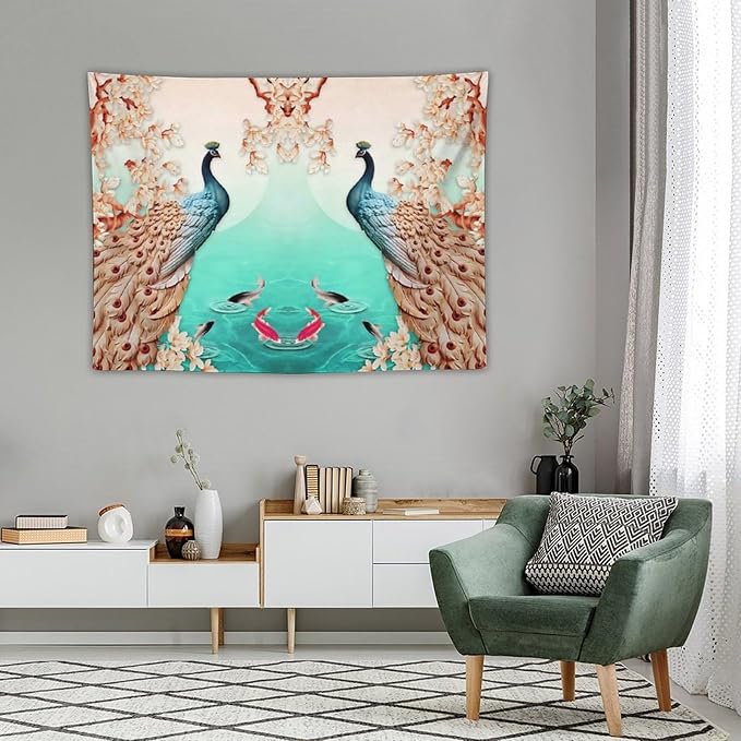 ZhiRain Peacock Tapestry Wall Hanging Retro Floral Elegant Vintage Feather Flower Theme Koi Fish Tapestries Home Decor for Living Room Bedroom Farmhouse Apartment Dorm 30"x40"