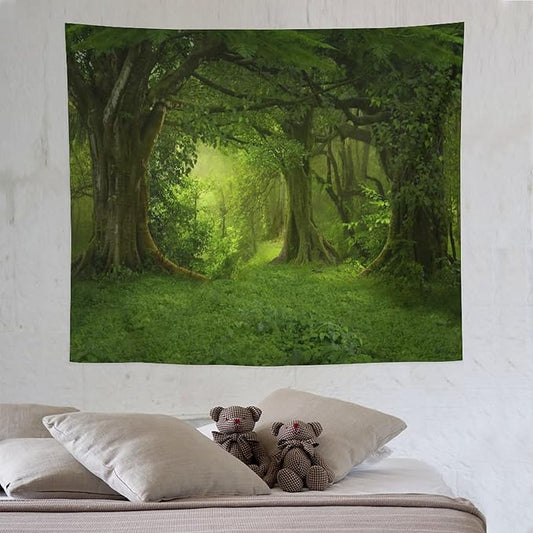 ZhiRain Landscape Forest Tapestry Wall Hanging Tropical Jungle Green Trees Foliage Woodland Nature Tapestries Home Decor for Living Room Bedroom Apartment Farmhouse Dorm 50"x60"