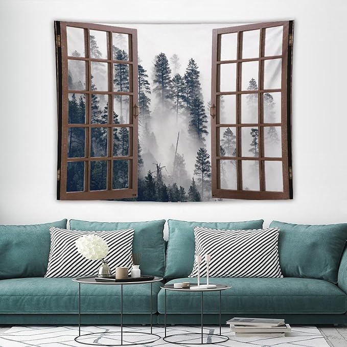 ZhiRain Misty Forest Landscape Tapestry Wall Hanging Wooden Window Forest Mountain Tree Scenery Tapestries Home Decor for Living Room Bedroom Apartment Farmhouse Dorm 60"x80"