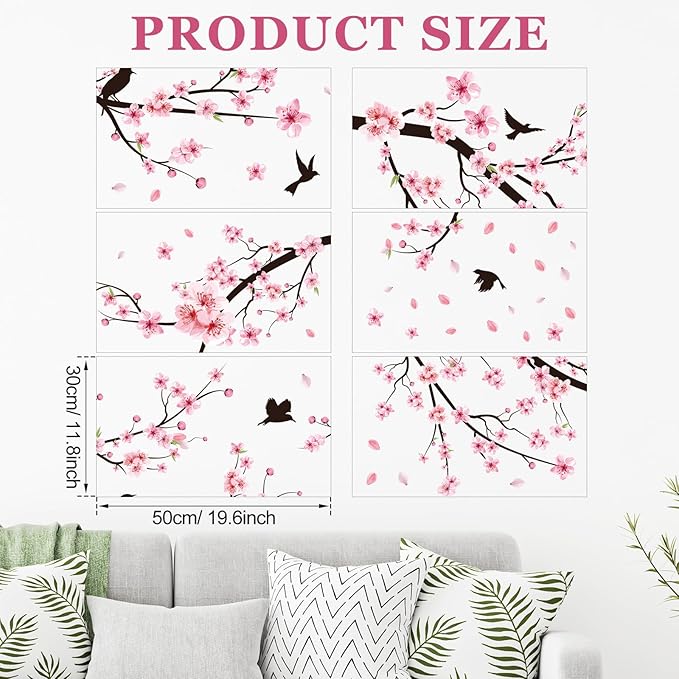 Zonon 6 Pcs Flowers Wall Decals Stickers Vinyl Removable Peel and Stick Colorful Dragonflies Floral Wall Murals Decor for Bedroom Living Room Nursery (Cherry Blossoms)