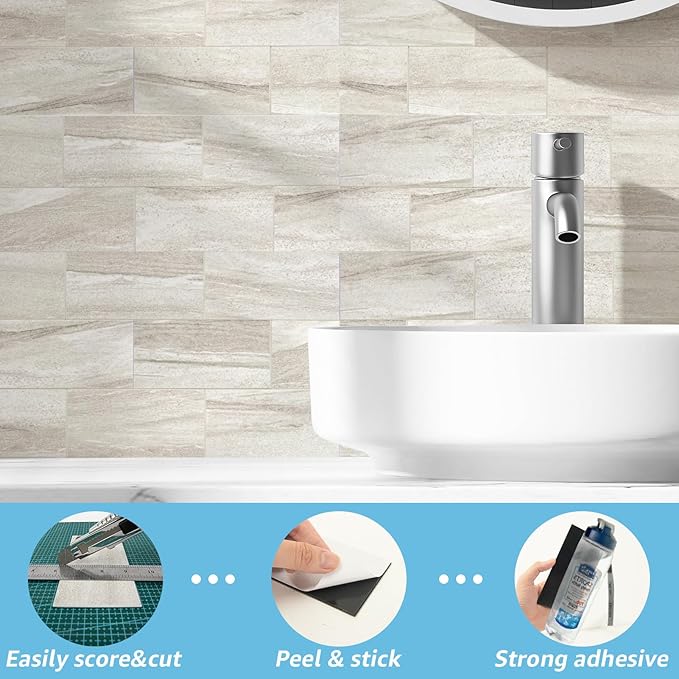 Art3d 102-Piece Faux Stone Peel and Stick Backsplash Tile, Waterproof Thick PVC Stick On Subway Wall Tile for Kitchen Bathroom Laundry Room Fireplace - 3" x 6" Biege Marble