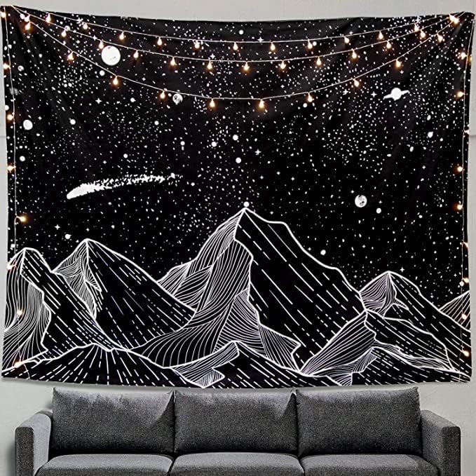Zussun Black and White Tapestry Starry Night Mountain Tapestries for Bedroom Aesthetic Moon and Stars Tapastry's Wall Hanging Dark Nature Forest Wall Tapestry for Living Room Dorm (Dark, 48'' × 36'')