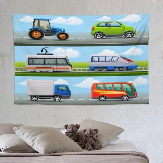 ZhiRain Construction Truck Tapestry Wall Hanging Tractor Bus Cartoon Cars Vehicle Tapestries Home Decor for Living Room Bedroom Apartment Farmhouse Dorm 60"x90"