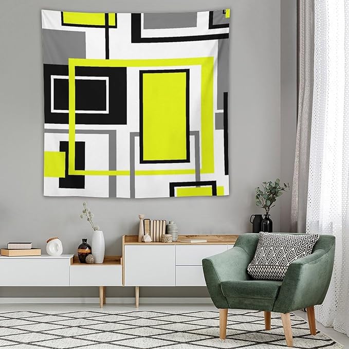 ZhiRain Yellow Geometric Tapestry Wall Hanging Yellow Modern Black And Gray Tapestries Home Decor for Living Room Bedroom Farmhouse Apartment Dorm 60"x60"