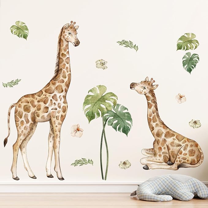 AM AMAONM Removable 3D Nature Jungle Wild Animals Wall Stickers DIY Peel and Stick Safari Giraffe and Tropical Leaves Wall Decals Aniaml Wall Art Decor for Kids Baby Bedroom Nursery Living Room