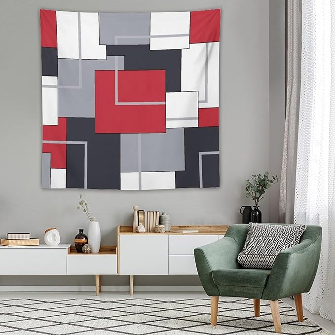 ZhiRain Red Gray Tapestry Wall Hanging Modern Black White Geometric Abstract Aesthetic Tapestries Home Decor for Living Room Bedroom Farmhouse Apartment Dorm 60"x60"