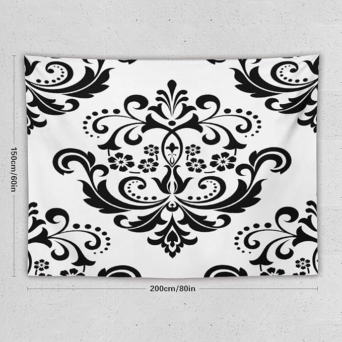ZhiRain Baroque Damask Floral Pattern Tapestry Wall Hanging Flowers on Black And White Antique Gothic Tapestries Home Decor for Living Room Bedroom Farmhouse Apartment Dorm 60"x80"