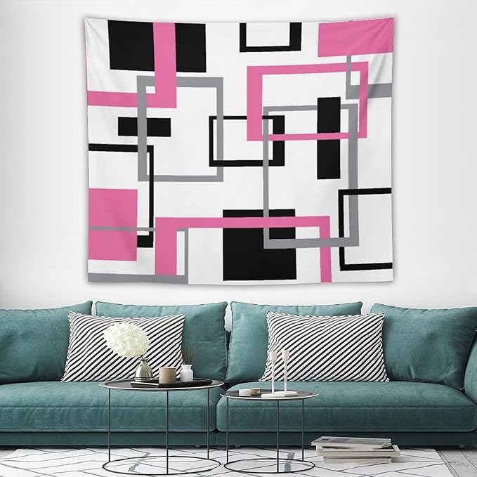 ZhiRain Pink Tapestry Wall Hanging Modern Geometric Abstract Pink Grey White Background Mid Century Square Tapestries Home Decor for Living Room Bedroom Apartment Farmhouse Dorm 50"x60"
