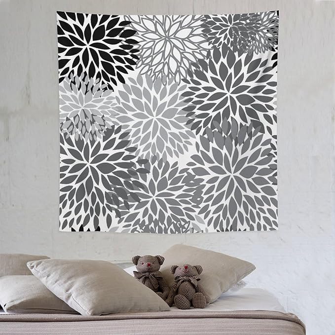 ZhiRain Black Grey Floral Tapestry Wall Hanging Boho Dahlia Chrisanthemum Flowers Pattern Tapestries Home Decor for Living Room Bedroom Farmhouse Apartment Dorm 60"x60"