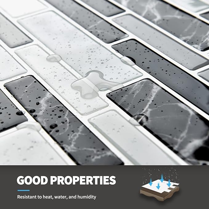 Art3d 11.8"x 11.8" Peel and Stick Vinyl Tiles, Self Adhesive Removable Stick On Kitchen Backsplash, Marble Black (10-Sheet)