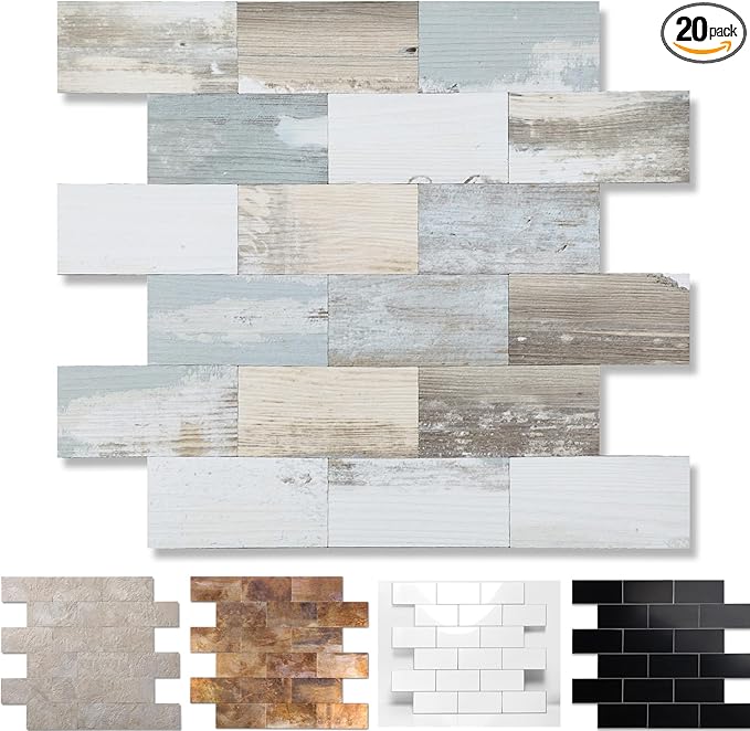 20-Pack Peel and Stick Tile Backsplash 12"X12" PVC Wall Tiles, Stick on Backsplash for Kitchen, Bathroom Tile, Fireplace Décor, Laundry Table, Stair Decals in Vintage Wood Grain
