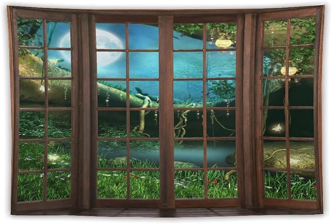 ZhiRain Fantasy Landscape Tapestry Wall Hanging Wooden Window Enchanted Forest Green Jungle Magic Full Moon Plant Night Scene Tapestries Home Decor for Living Room Bedroom Apartment Farmhouse 60"x90"