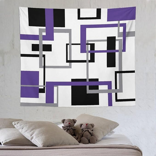 ZhiRain Purple Tapestry Wall Hanging Mid Century Modern Geometric Abstract Lavender Black Grey Square White Backdrop Tapestries Home Decor for Living Room Bedroom Apartment Farmhouse 50"x60"