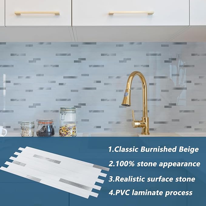 Yipscazo 40 Sheets Peel and Stick Stone Metal Backsplash Tiles, PVC Wall Tiles Stick on Backsplash for Kitchen, Bathroom (6'' X 12'', White with Grey)