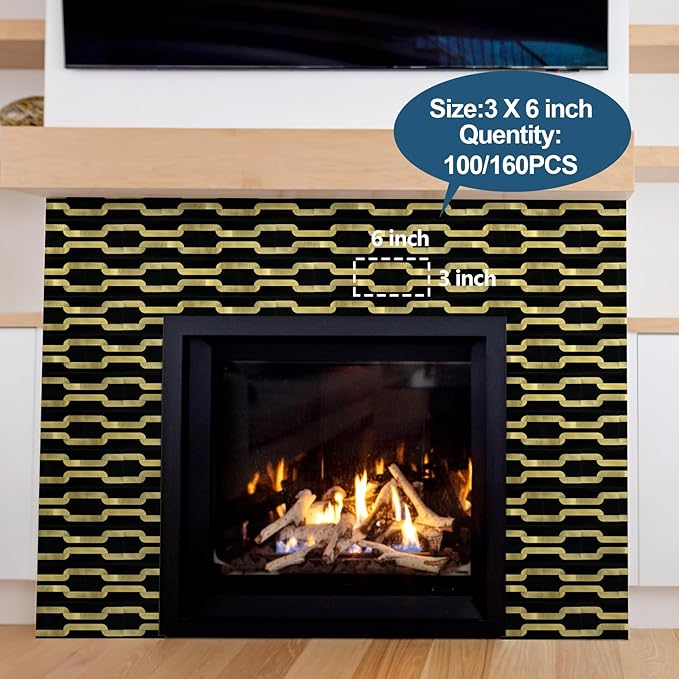 Yipscazo Peel and Stick backsplash 3 x 6 Inches 3D PVC Composite Wall Tile Stick on Backsplash Tile for Kitchen Bathroom, Laundry Room, Fireplace(Black with Gold, 32 Pieces)