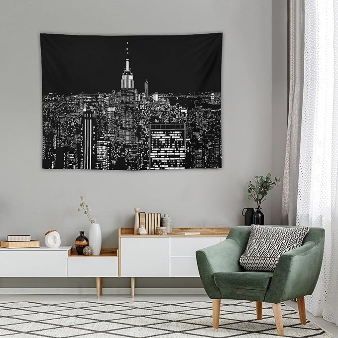 ZhiRain New York Tapestry Wall Hanging Black White Modern Night City Light Tapestries Home Decor for Living Room Bedroom Apartment Farmhouse Dorm 30"x40"