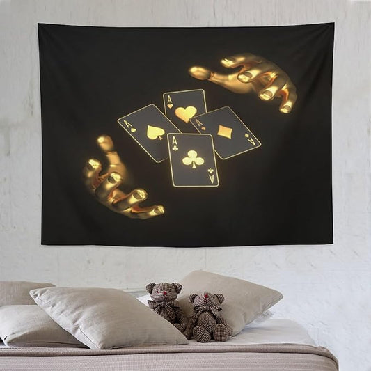 ZhiRain Poker Theme Tapestry Wall Hanging Modern Black Gold Playing Cards Art Printed Tapestries Home Decor for Living Room Bedroom Farmhouse Apartment Dorm 60"x80"