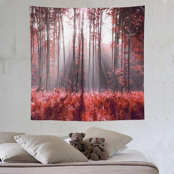 ZhiRain Red Forest Tapestry Wall Hanging Season Foggy Nature And Enchanted Woods Wild Trees Print Tapestries Home Decor for Living Room Bedroom Apartment Farmhouse Dorm 60"x60"