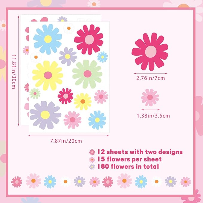 12Sheet Daisy Wall Decals, 180Pcs Cute Flower Wall Decals, Flower Vinyl Walls Decal, Peel and Stick Floral Walls Decal, Bedroom Decor for Girls Bedroom, Nursery, Classroom, Nursery