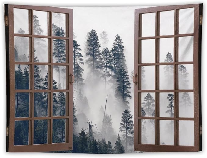ZhiRain Misty Forest Landscape Tapestry Wall Hanging Wooden Window Forest Mountain Tree Scenery Tapestries Home Decor for Living Room Bedroom Apartment Farmhouse Dorm 30"x40"