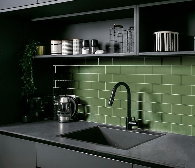 Yipscazo Peel and Stick backsplash 3 x 6 Inches 3D PVC Composite Wall Tile Stick on Backsplash Tile for Kitchen Bathroom, Laundry Room, Fireplace(Green, 160 Pieces)