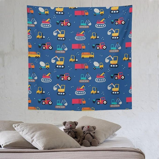 ZhiRain Cartoon Cars Print Tapestry Wall Hanging for Kids Room Cartoon Shovel And Trucks Blue Tapestries Home Decor for Living Room Bedroom Apartment Farmhouse Dorm 60"x60"