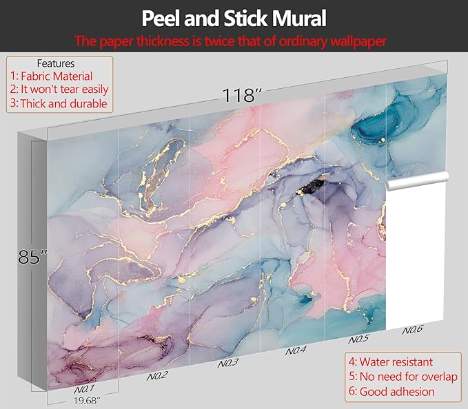 XMPMBM M01M Peel and Stick Marble Wallpaper Pink Girls' Bedroom Bathroom Abstraction Art Colorful Textured Background Wall Mural- 118"x85"（69 Square Foot）