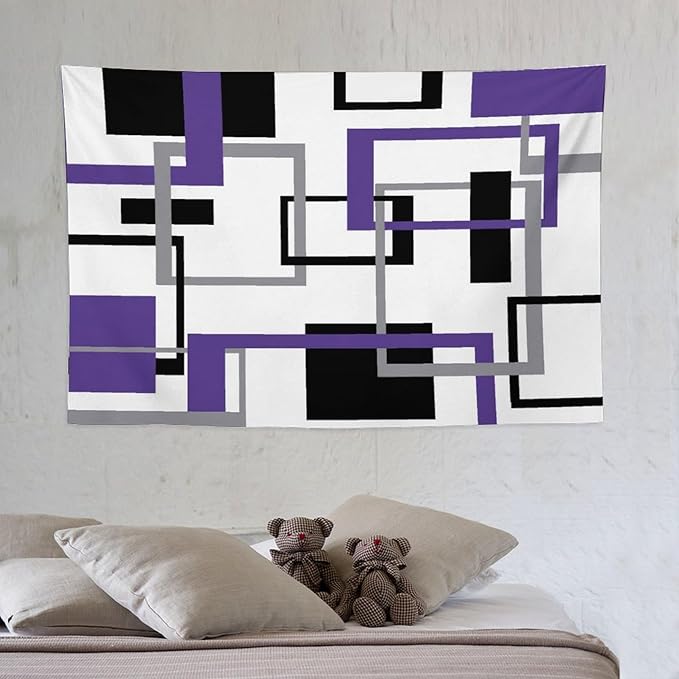 ZhiRain Purple Tapestry Wall Hanging Mid Century Modern Geometric Abstract Lavender Black Grey Square White Backdrop Tapestries Home Decor for Living Room Bedroom Apartment Farmhouse 40"x60"