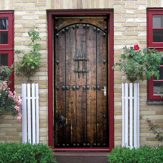 3D Door Wallpaper Self-Adhesive Sticker Wooden Film Poster Premium PVC Waterproof Wall for Bedroom Living Room Decoration 95 x 200 cm