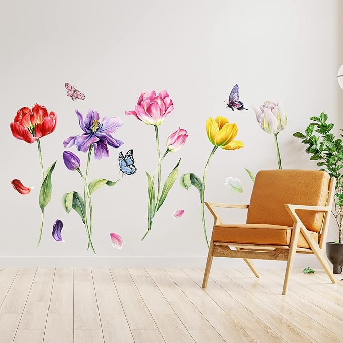 Zonon 6 Pcs Flowers Wall Decals Stickers Vinyl Removable Peel and Stick Colorful Dragonflies Floral Wall Murals Decor for Bedroom Living Room Nursery(Tulip)
