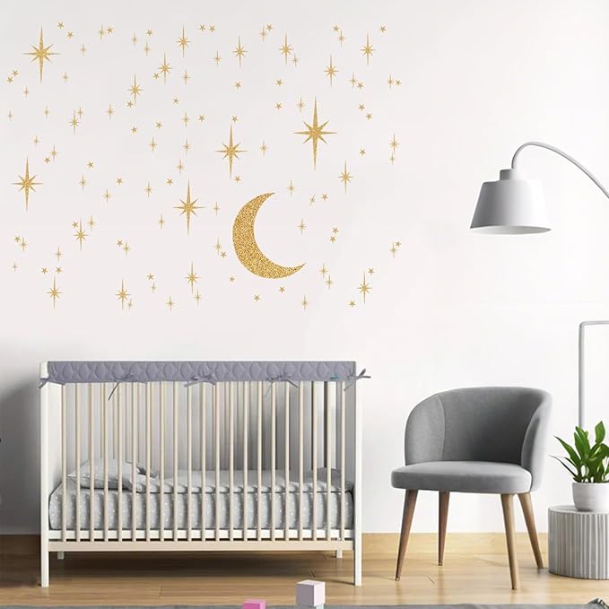 104 Pcs Star and Moon Wall Decals - Peel and Stick Window Clings Glitter Stars Wall Stickers for Living Room, Bedroom, Nursery Decor