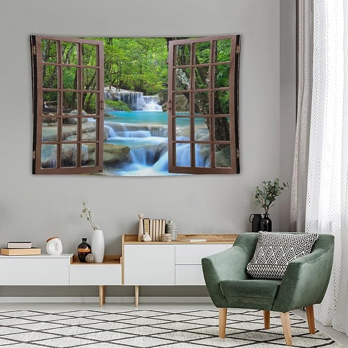 ZhiRain Waterfall Tree Landscape Tapestry Wall Hanging Natural Scenery Forest Garden Spring Stone River Tapestries Home Decor for Living Room Bedroom Apartment Farmhouse Dorm 60"x90"