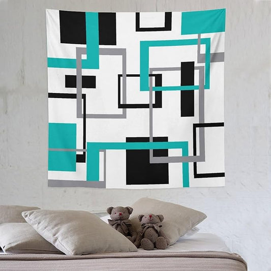 ZhiRain Teal Tapestry Wall Hanging Mid Century Modern Turquoise Abstract Aqua Black Grey Geometric White Backdrop Tapestries Home Decor for Living Room Bedroom Apartment Farmhouse 60"x60"