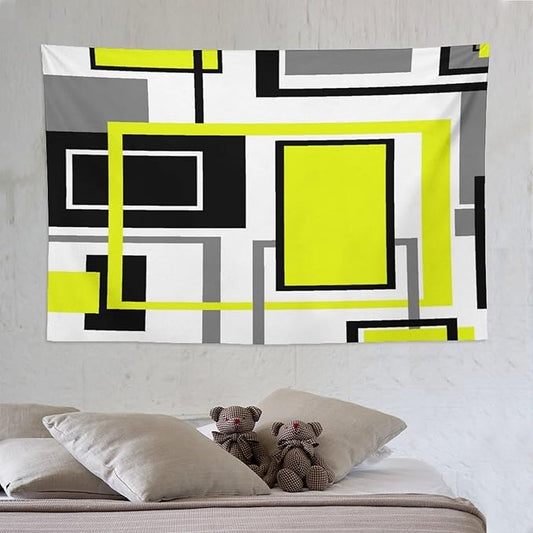 ZhiRain Yellow Geometric Tapestry Wall Hanging Yellow Modern Black And Gray Tapestries Home Decor for Living Room Bedroom Farmhouse Apartment Dorm 60"x90"