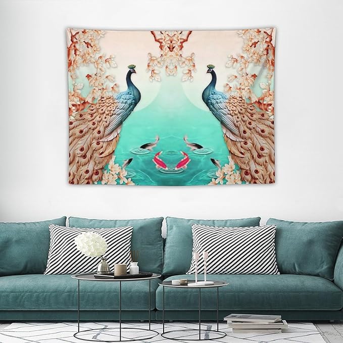 ZhiRain Peacock Tapestry Wall Hanging Retro Floral Elegant Vintage Feather Flower Theme Koi Fish Tapestries Home Decor for Living Room Bedroom Farmhouse Apartment Dorm 30"x40"